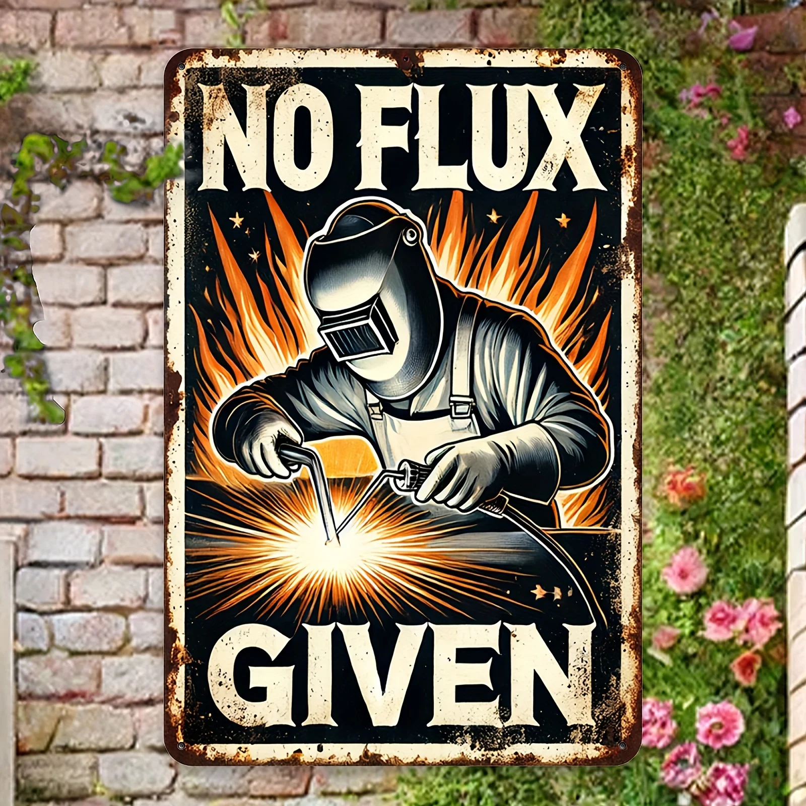 Vintage No Flux Given Metal Sign,  - Retro Welding Theme Decor for Yard, Porch, Garage, Cafe, Bar, Club, Farm, Garden