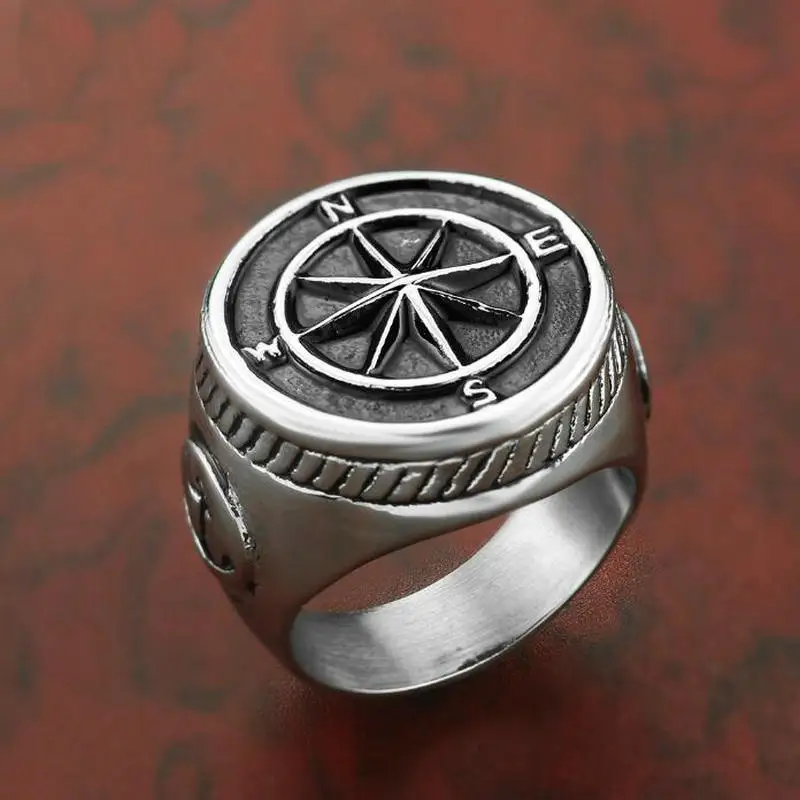 Stainless steel polished compass boat anchor cast men's ring