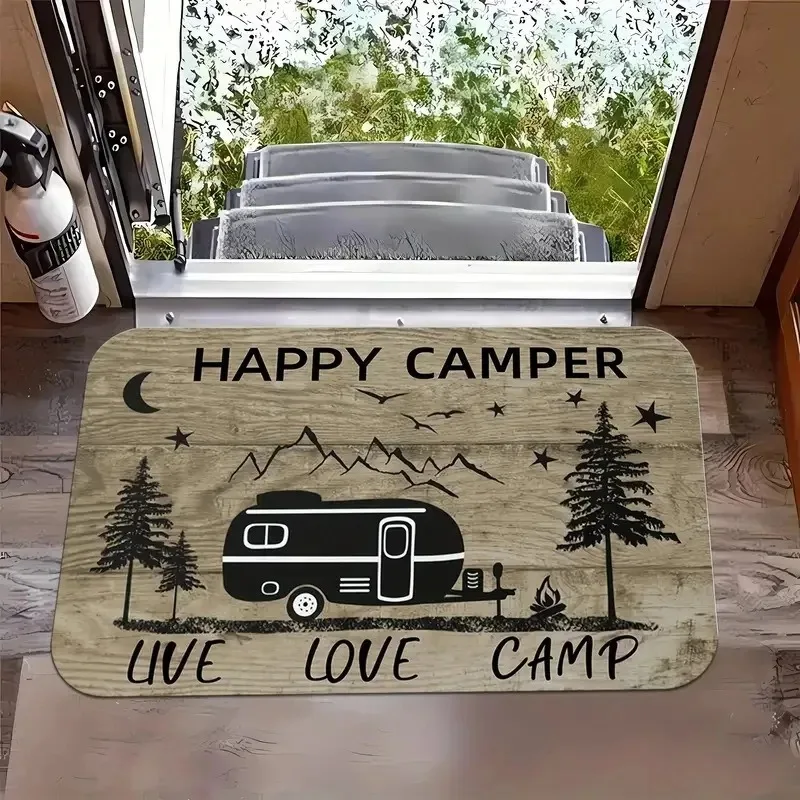 Outdoor Camping Van Welcome Mat with Cheerful Camping Van Non-slip Kitchen Bathroom Entracne Rugs Living Room Washable Carpet