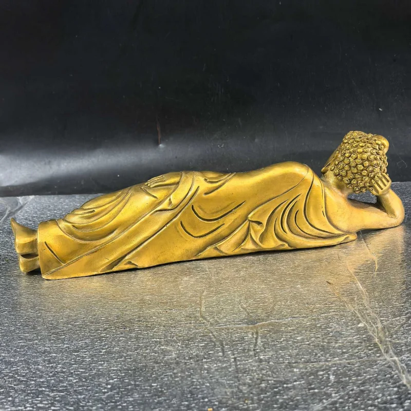 Pure Brass Shakyamuni Statue, Sleeping Buddha Ornament for Temple Worship, Vintage Bronze Craft