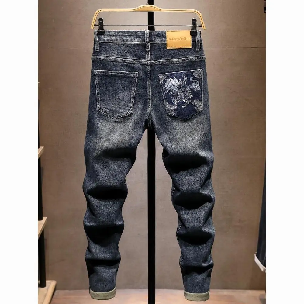 High-end Embroidered 2025 New Fashion Trendy Brand Casual Versatile Slim-fitting Pants Autumn Low Rise Men Clothing Jeans Hombre