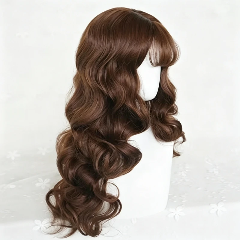Peruca Longa Ondulada Marrom com Franja Sintética para Mulheres, Estilo Lolita Cosplay, Fofa, Natural, Resistente ao Calor, para Uso Diário e Festas