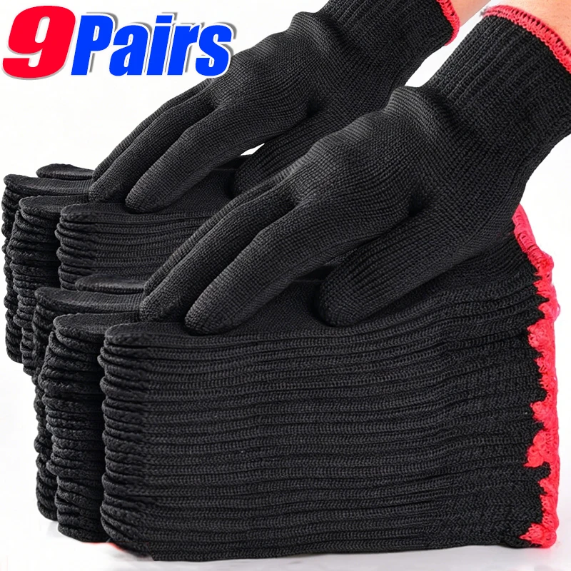 3/9pairs Breathable Work Black Gloves Three Thicknesses Anti-Slip Wear Resistant Labor Protection Construction Auto Repair Nylon