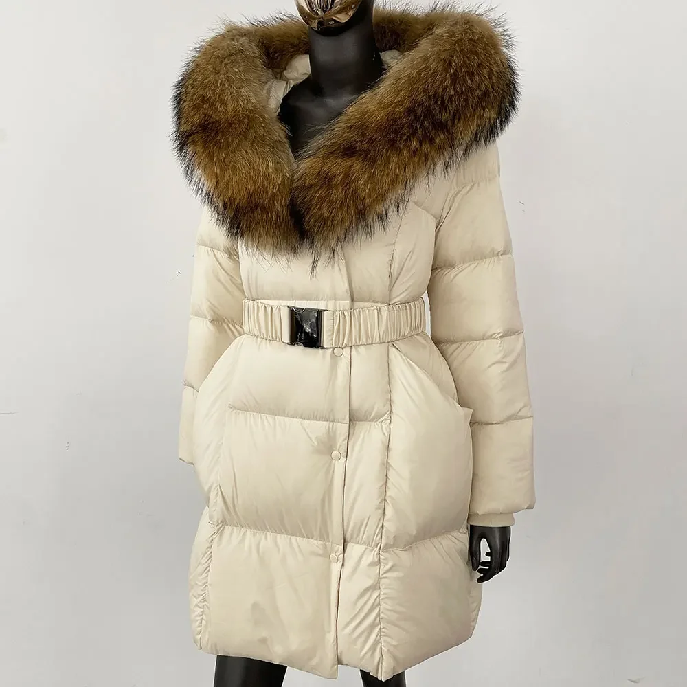2025年冬 レディース 本物の天然フォックスファー襟付き ホワイトダックダウンコート ファッションフード付きカシミヤ 新作 オーバーサイズ レディース アウタージャケット