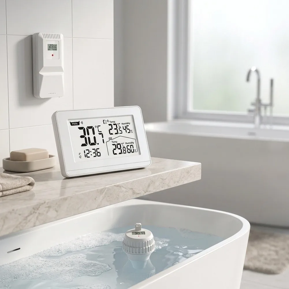 3-in-1 Pool Thermometer And Hygrometer Backlit LCD With Max Temp Records Temperature And Humidity Meter For Bathtub & Fish Tank