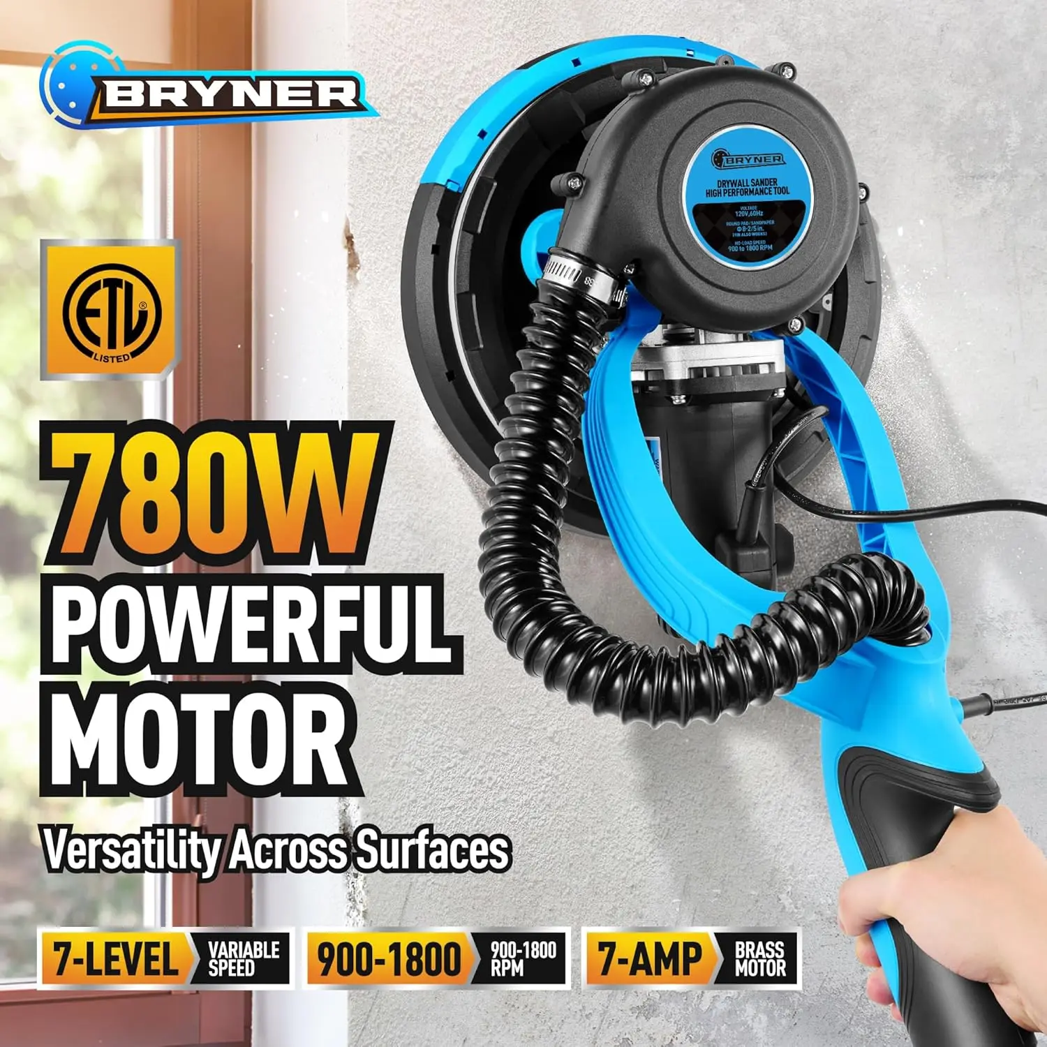 Sander, 780W Electric Drywall Sander with Vacuum Attachment and Labor-Saving Back Belt, 7 Variable Speed 900-1800RPM, Dustless F