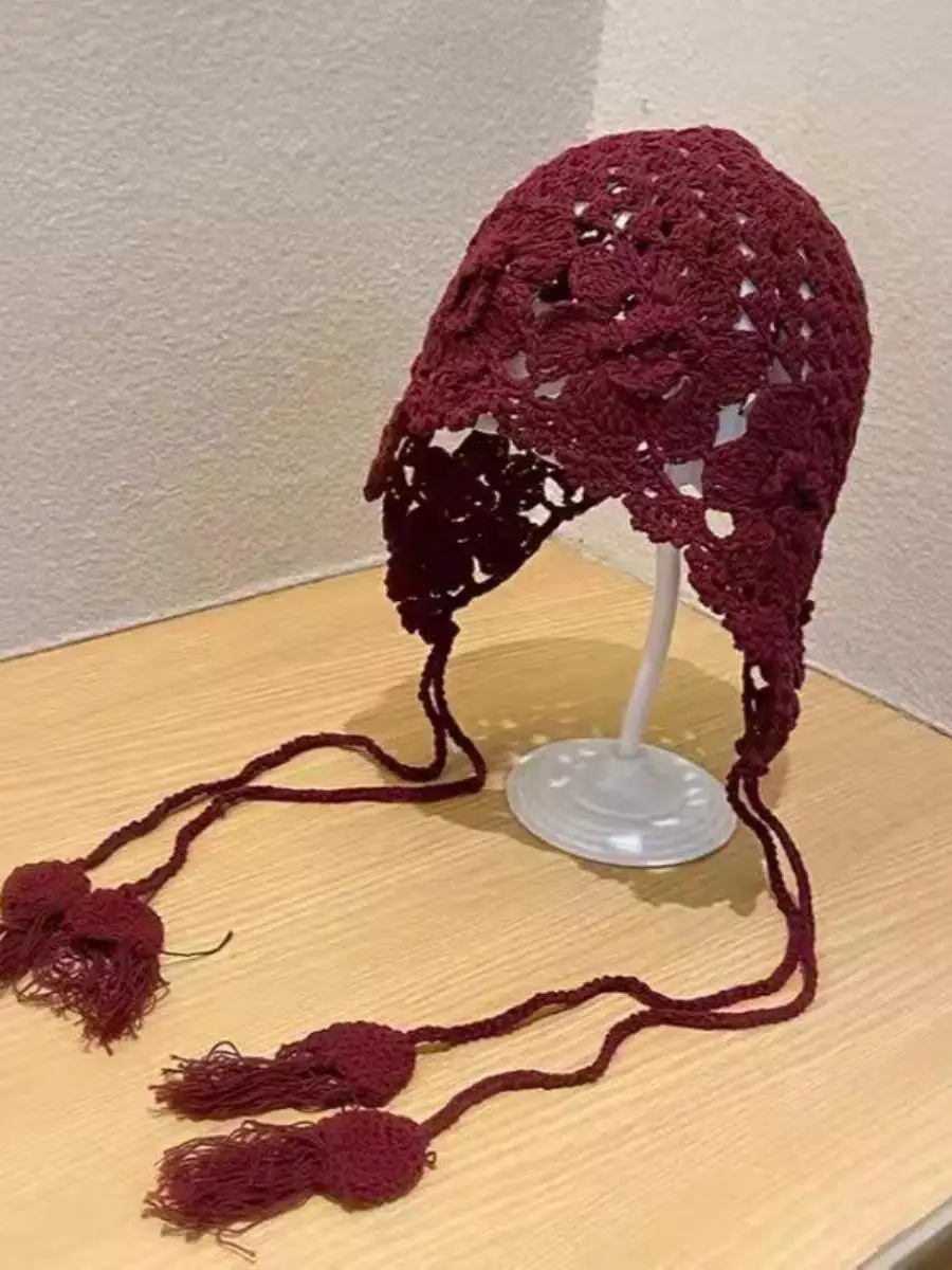 summer-thin-hollow-out-knitted-pearl-tassel-women's-headscarf-hat-hook-flower-embroidery-two-piece-set-ethnic-style-retro