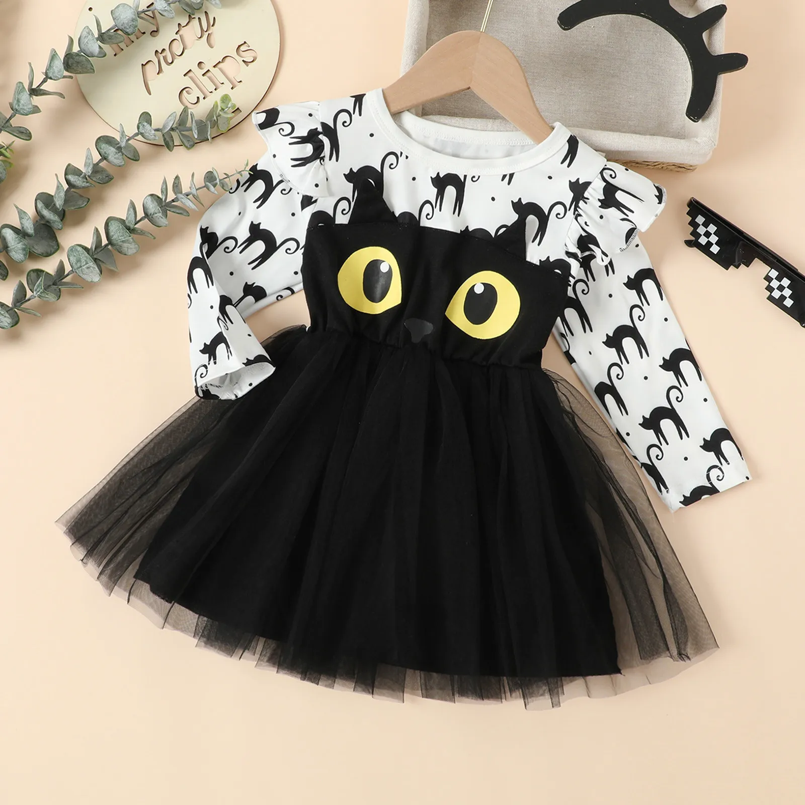 1-6Y Halloween Newborn Infant Baby Girls Costumes Cute Cat Lace Dress Long Sleeve Ruffles Dresses Princess Clothes Party Outfits