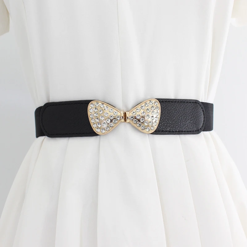 Retro Female Fashion Thin Elastic Stretch Waistband Crystal Bow Belt for Women Cinch Waist Seal Cummerband Clothing Accessories