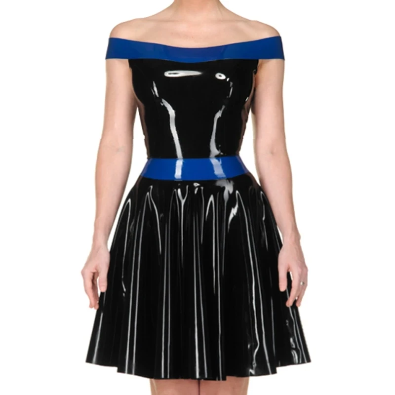 

Dark Blue and Black Halter Sexy Strapless Latex Dresses with Back Zipper Rubber Gown Off Shoulder Dress Playsuit