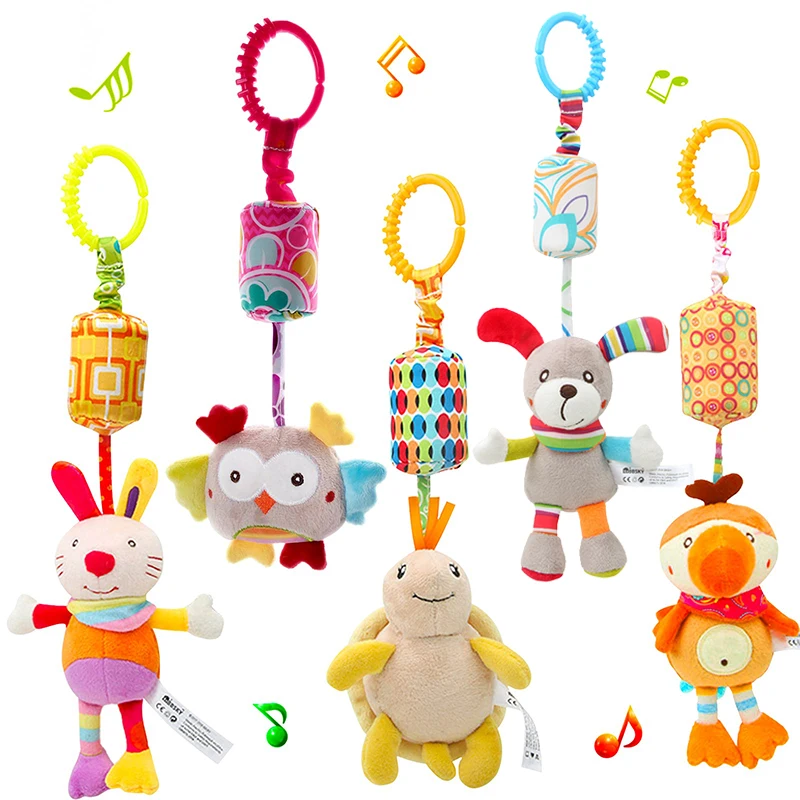 Baby Hanging Rattle Toys Sensory Soft Learning Toy Cartoon Animal Stuffed Bed Bell Toy Infant Development Handle Toy 0-24 Months