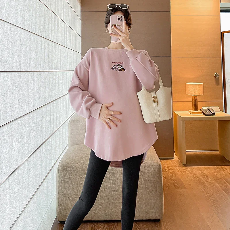 

2024 Autumn Maternity Hoodies Fashion Embroidery Long Loose Irregular Pregnant Woman Sweatshirt Plus Size Pregnancy Pullover Top