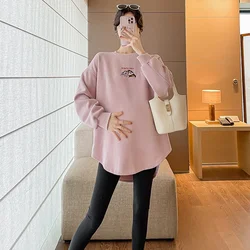 2024 Autumn Maternity Hoodies Fashion Embroidery Long Loose Irregular Pregnant Woman Sweatshirt Plus Size Pregnancy Pullover Top