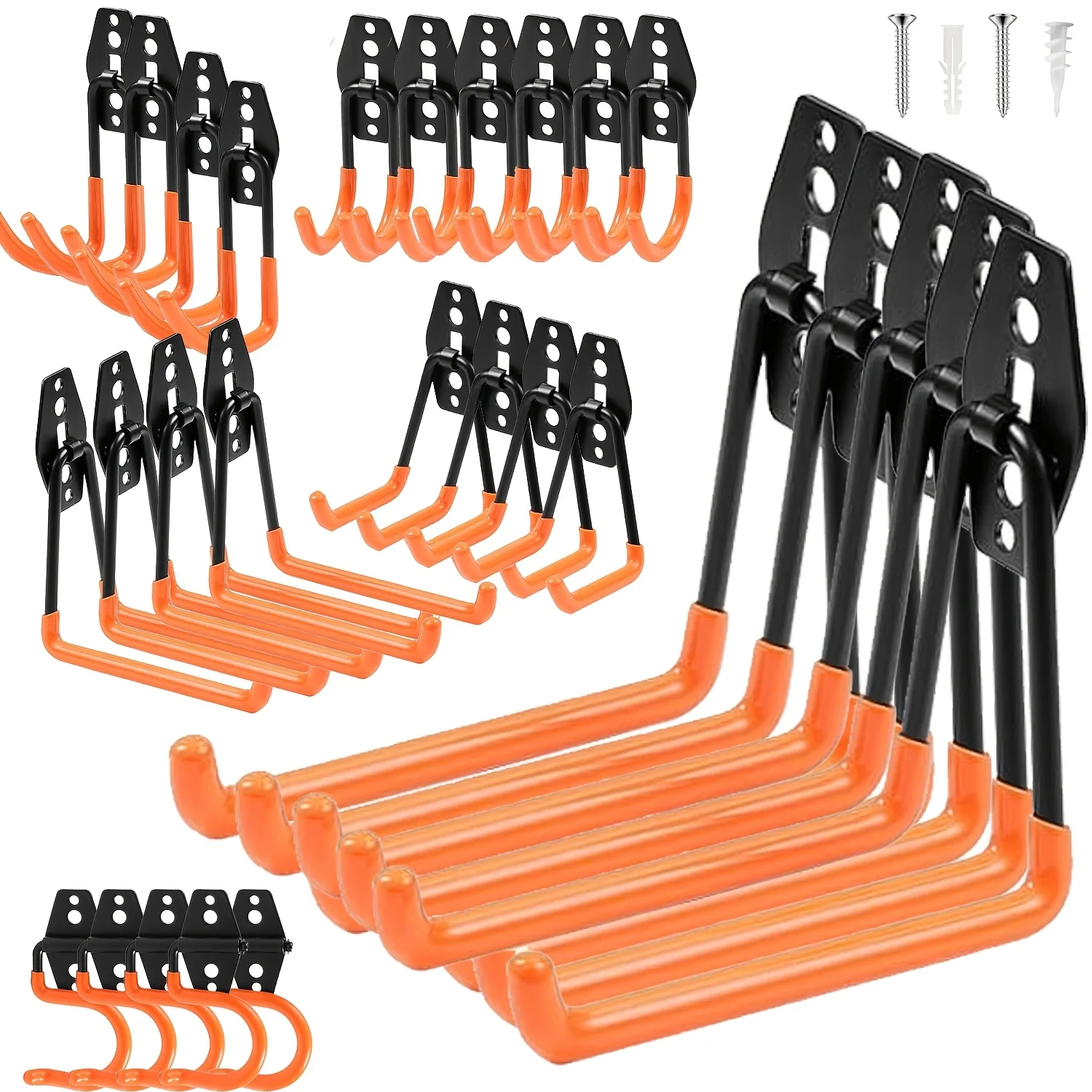 

28pcs Heavy Duty Garage Hook Rack, Wall Mount Organizer for Ladders Bikes Yard Tools, Adjustable Broom Mop Holder with Steel Pegboard Hooks