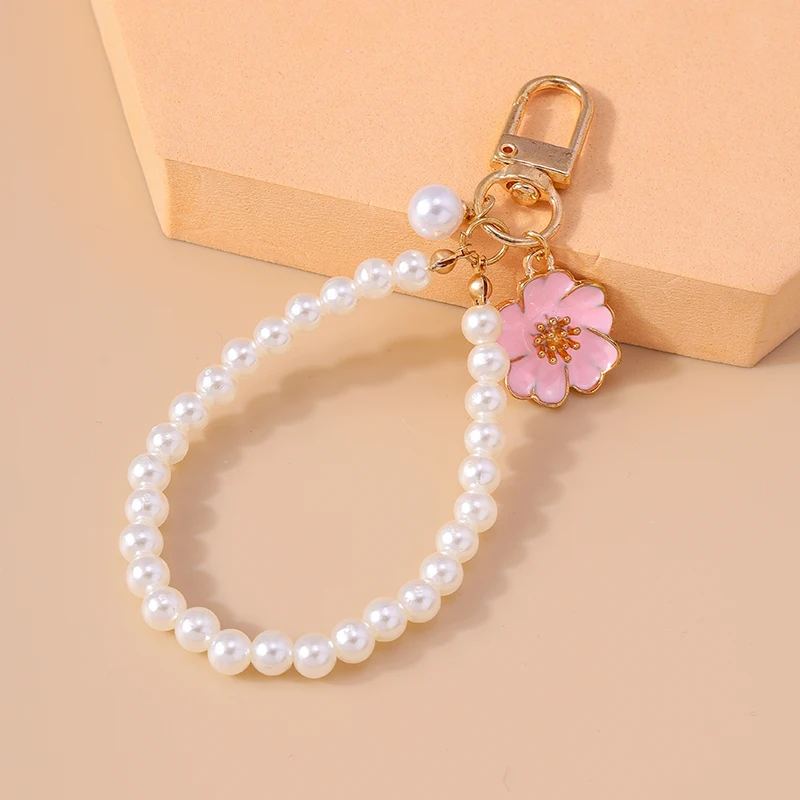 Fashion Imitation Pearl Handmade Beads Keychain Enamel Flower Charms Keyrings for Women Men Car Key Handbag Key Chains DIY Gifts image 3