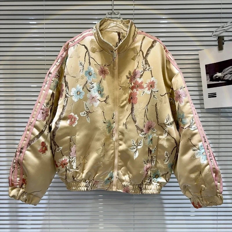 Winter Retro Flowers Printed Contrast Satin Jacket Cotton Padded Faux Silk Parkas Coat Zipper Quilted Cardigan Stand Collar Tops