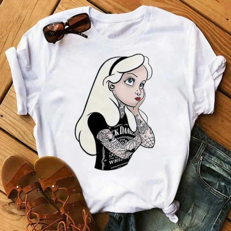 Kawaii Disney Princess Ladies Cotton T-Shirt Summer Women Tops Harajuku Cartoon Graphic Girl Tees Cute T-shirt Female Blouses