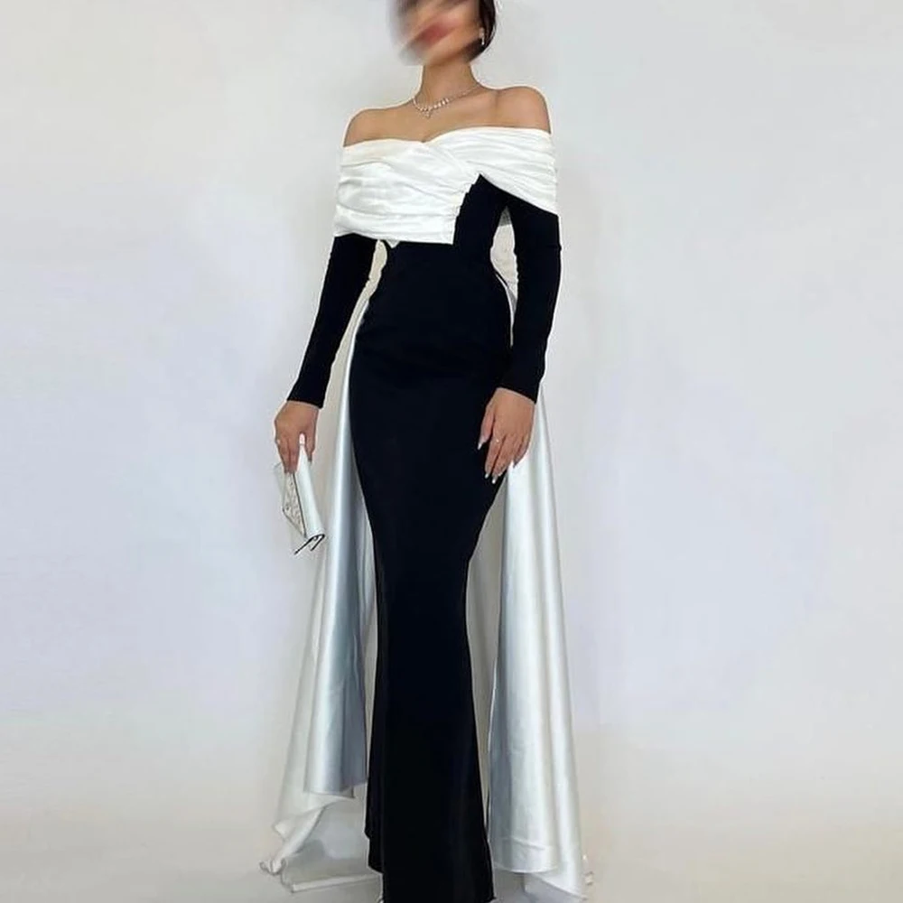 

Customized Classic Panel Train Off the Shoulder Evening Dresses Graceful Mermaid Satin Short Sleeves Party Gowns فساتين سهرة