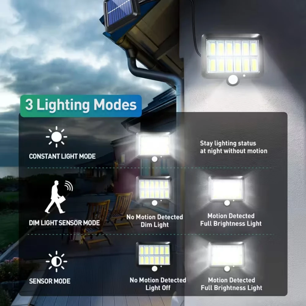 120 COB Solar Light with Remote Control Outdoor Waterproof Solar Powered Lamp Motion Sensor Lights 3 Modes for Garden Yard Decor