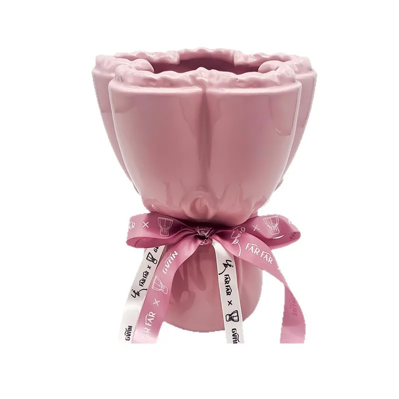 Pink bouquet shape ceramic vase artistic home decoration ornament for girlfriends gift