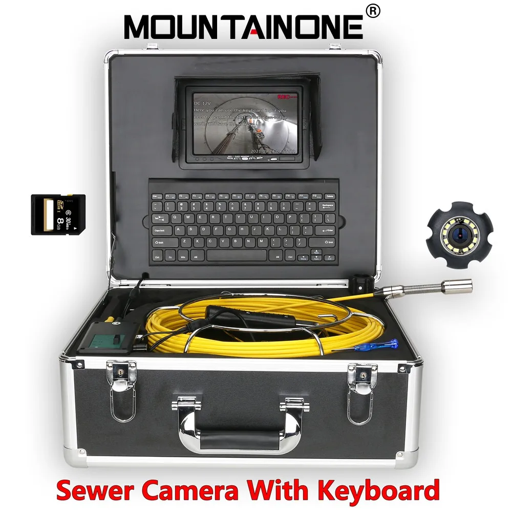 

7" Monitor 22mm Sewer Pipe Inspection Video Camera with keyboard, 8GB Card DVR IP68 Drain Sewer Pipeline Industrial Endoscope