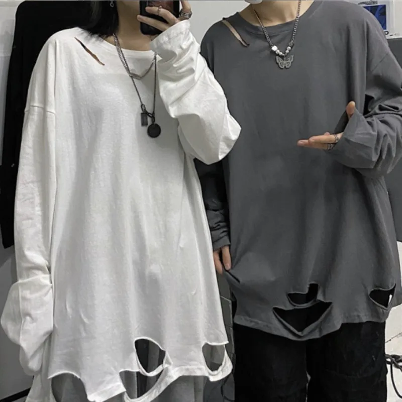 Female Ripped Hole Hip Hop Long Sleeve T Shirt Oversized Candy Color Hollow Tee Top Women\'s Korean Style Vintage Bottoming Shirt