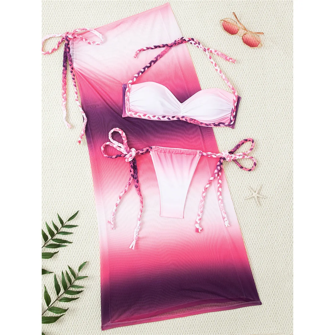 Mit Rock, Farbverlauf, Neckholder-Bikini, Damen-Badebekleidung, weiblicher Badeanzug, dreiteiliges Bikini-Set, gepolsterter Badeanzug, Badeanzug, Schwimmbekleidung V7614 – Detail 2