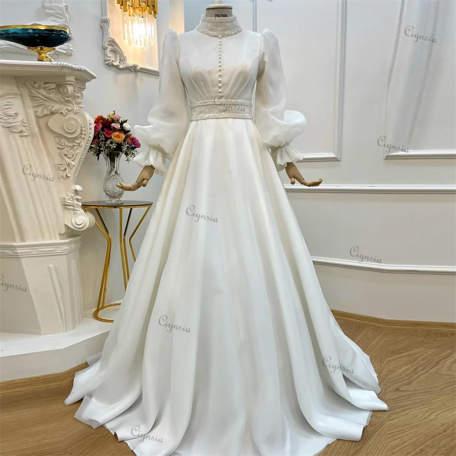 Ciynsia Elegant Muslim Wedding Dresses A-Line Organza Bridal Dress Vestido De Noiva 2023 Dubai Arabic Bridal Gowns with Sleeves