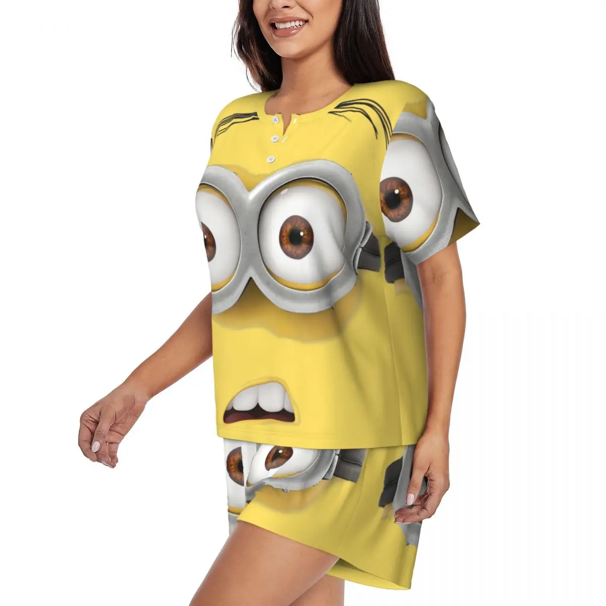 Custom Cartoon Animation Minions Pajama Sets Womens 2 Piece Short Sleeve Pjs Shorts Sleepwear