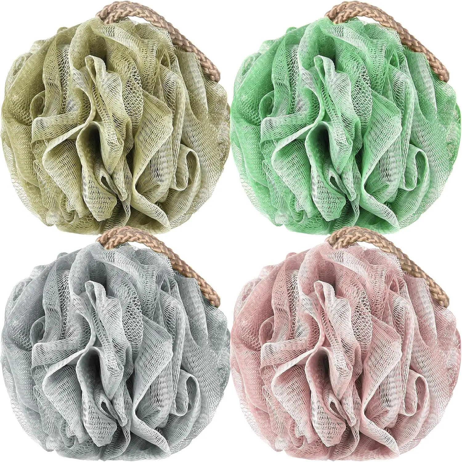 Loofah Sponge Pack of 4, Deep Cleansing Body Scrubber for Shower, Exfoliating Bath Sponge with Handle for Women and Men