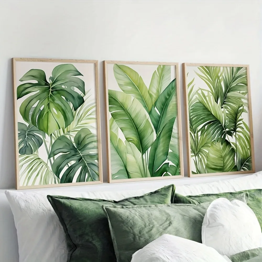 3pcs Frameless Tropical Watercolor Leaf Prints,Plant Wall Art,Banana,Palm Leaf Poster,Living Room Decor,Green Plant Wall Decor