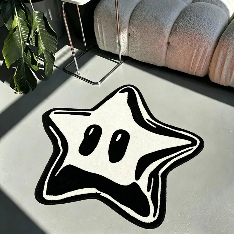 Schwarz-weißer pentagramm-förmiger Teppich, kreativer unregelmäßiger Wohnzimmerteppich, Heimdekoration, Schlafzimmer, Nachttisch, weiche, rutschfeste Bodenmatte