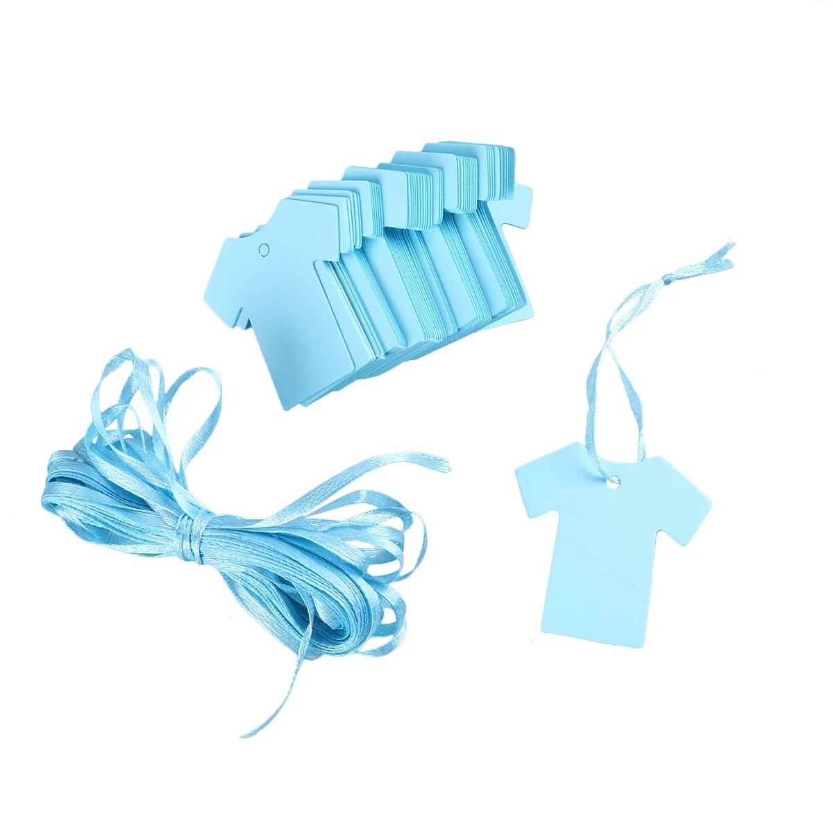 100Pcs Shower Party Favor Gift Tags Paper Cloth Shape Blue Blank Writable Clothing Price Cards Stickers Ribbon Scrapbooking