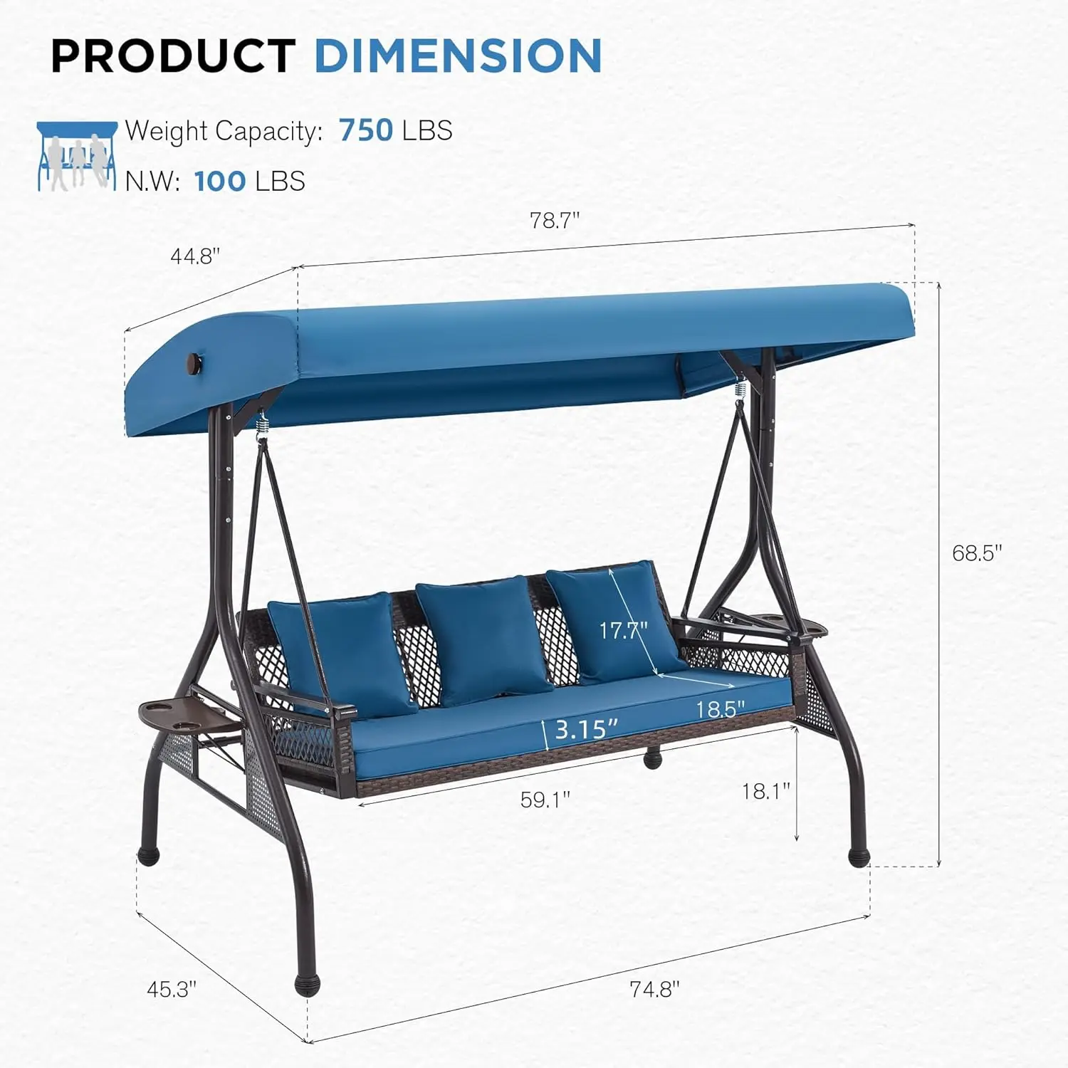 3-Person Wicker Porch Swing With Adjustable Canopy, Outdoor Patio Swing With Stand, Cup Holder, Cushions, Pillow For Garden,