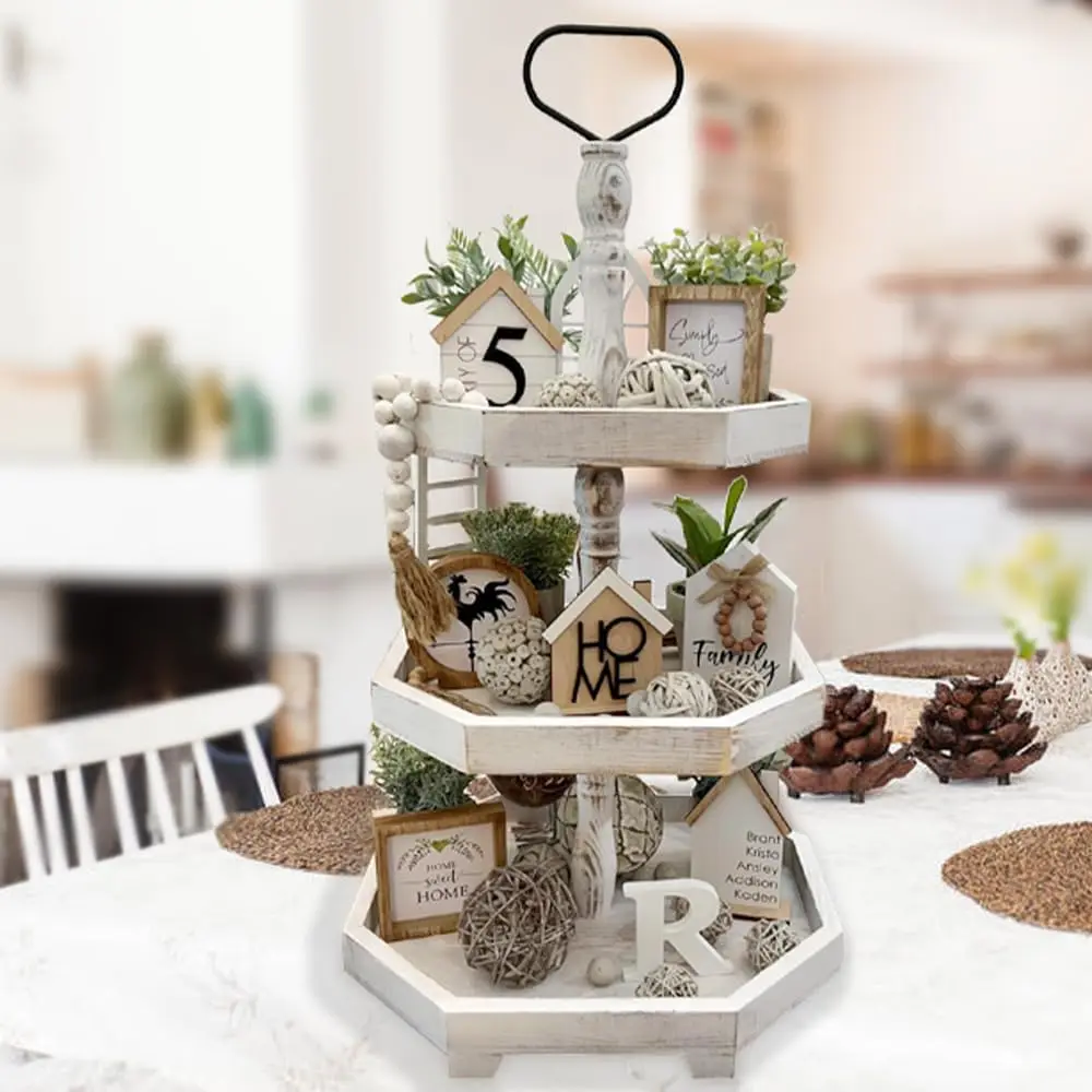 

Large Farmhouse 3-Tier Wooden Tray Stand - Easy Assembly, Rustic Kitchen Decor, Versatile Organizer for Home Display