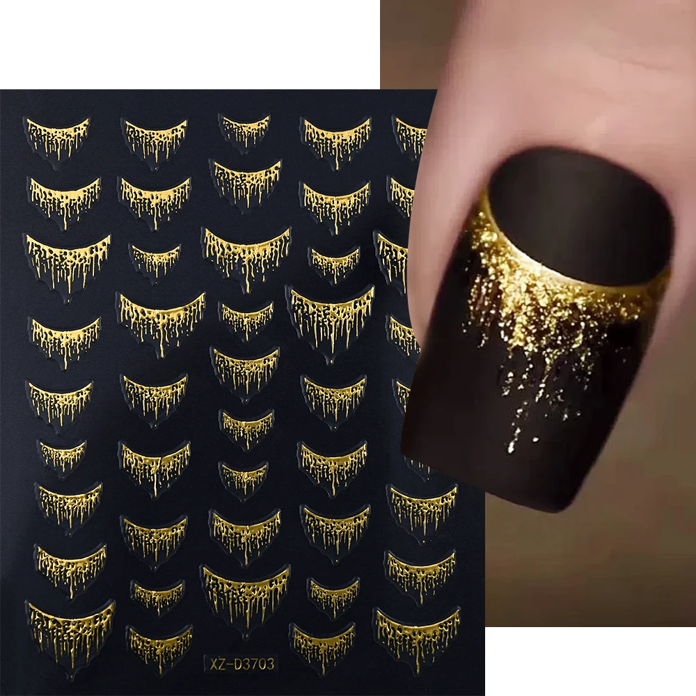 1pc 3D Gradient French Nail Stickers with Crown & Tassel Design Gold Silver Lines Self-Adhesive Nail Art Waterfall Manicure Foil