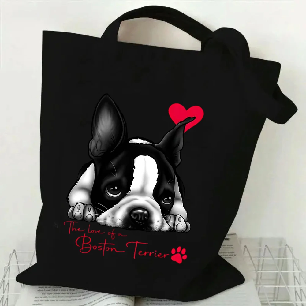 Cute Boston Terrier Canvas Tote Bag Love Dog Printed Shoulder Handbag Large Capacity Casual Eco Reusable Shopper Bags for Women