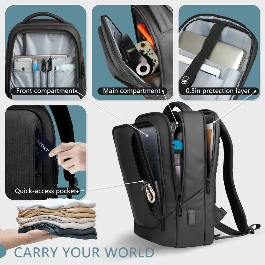 남성용 노트북 백팩 USB 충전 포트 포함 방수 15.6인치 컴퓨터 가방 내구성 높은 하이테크 데이팩 캐주얼 백팩