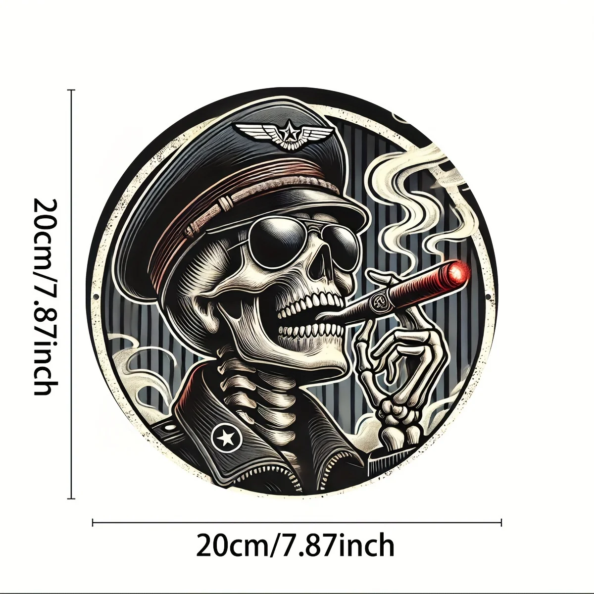 Vintage Skeleton Pilot With Cigar Round Metal Tin Sign 2D Printed 20x20cm Retro Biker Bar Iron Wall Decor