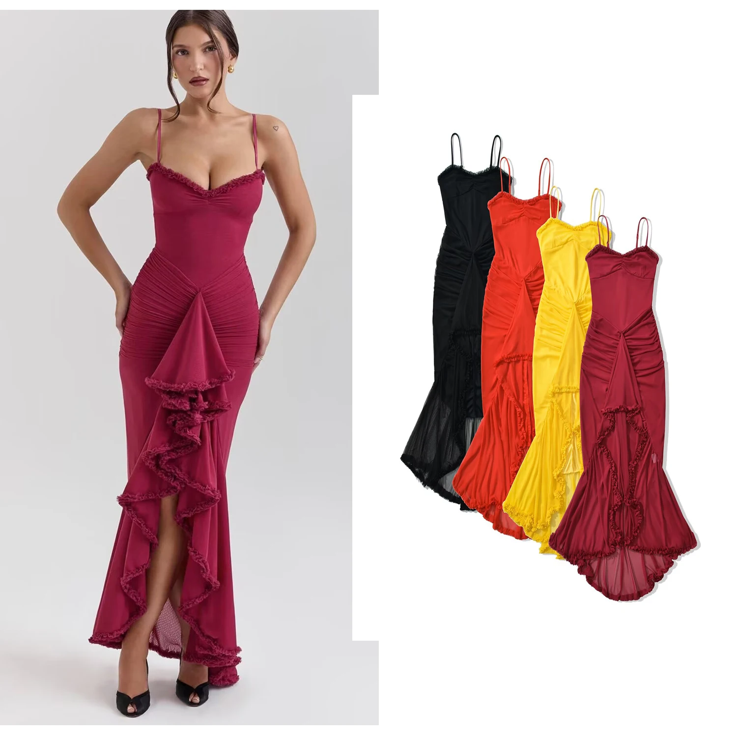 2025 เซ็กซี่ไม้หู V คอตาข่ายชุดสลิงผู้หญิง Ruched Slim เอวสะโพก Ruffles ไม่สม่ําเสมอ Dovetail Dresses Party Robe