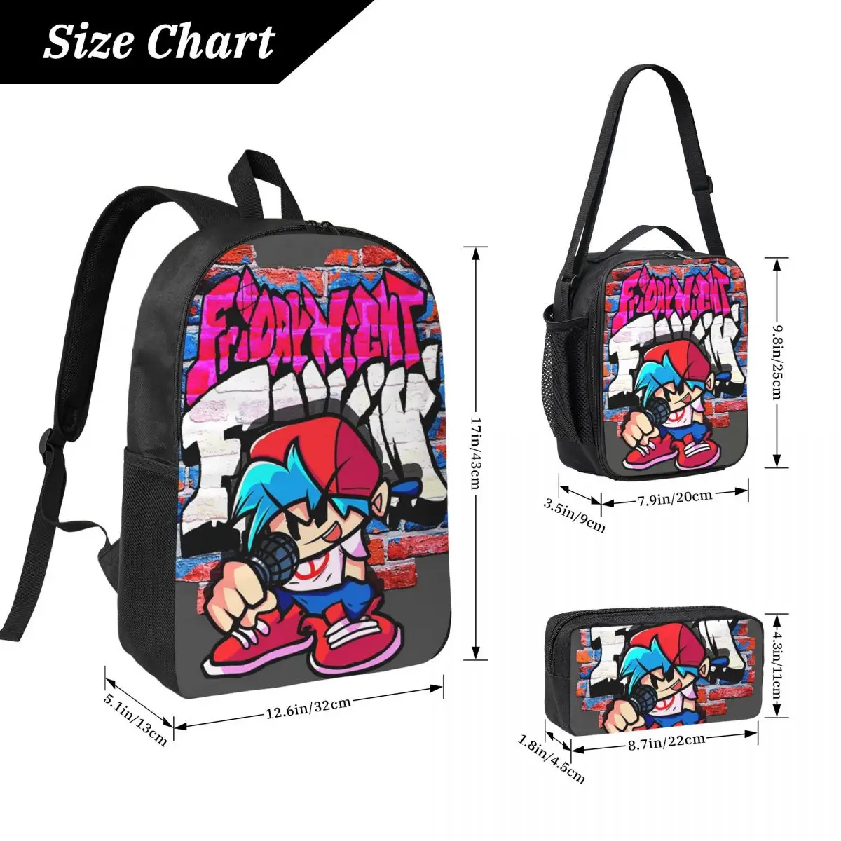 BoyFriend FNF. Brick Wall Backpack Student Boys Girl BookBag School Bag Laptop Shoulder Bags 3ps Insulated Lunch Bag Pencil Case