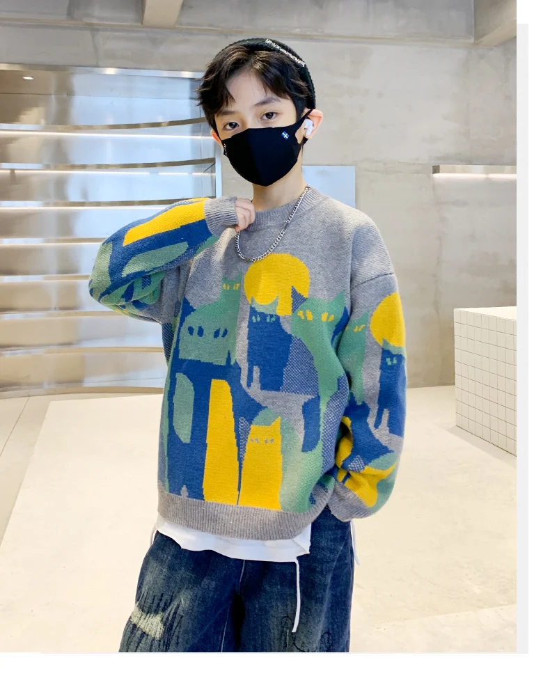 Herbst-Winter Jungen Pullover Sweater für Teenager 5-14 Jahre Cartoon-Katzenmuster Strickwaren Kleidung Kinder Schule Langarm Weicher Pullover – Detail 4