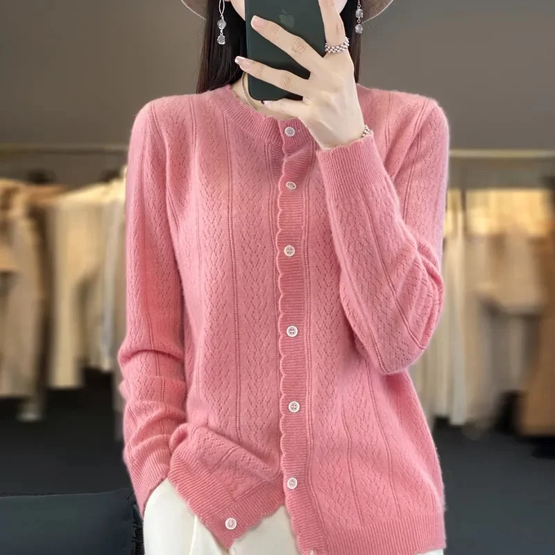 2023100% Pure Wool Cardigan Women's Spring Autumn New Round Neck Hollowed Out Loose Slimming Cashmere Sweater Knitted Thin Coat