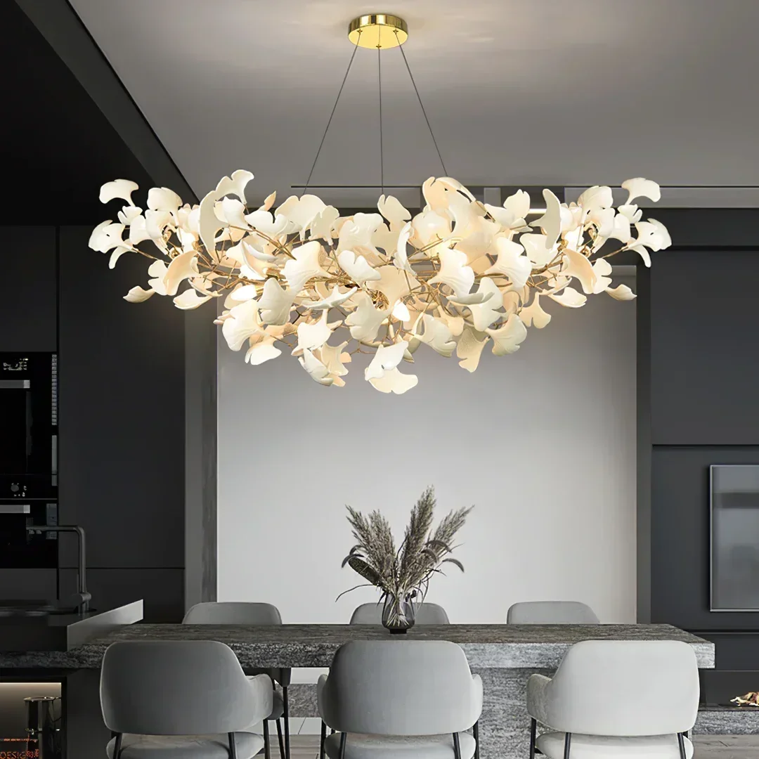 Scandinavian Golden Silver Long White Ginko Leaf Chandelier Lightlustre Suspension Living Room Dining Room Bedroom Decoration