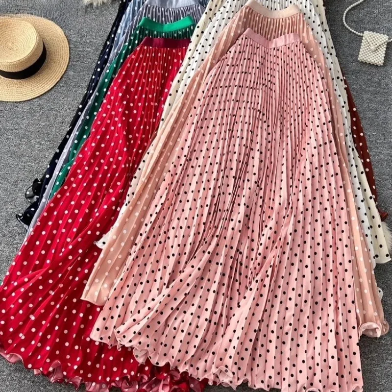 Polka Dot Pleated Skirts For Women A-line Elegant Spring Autumn Long Skirt Korean Fashion Versatile Sweet Faldas Mujer