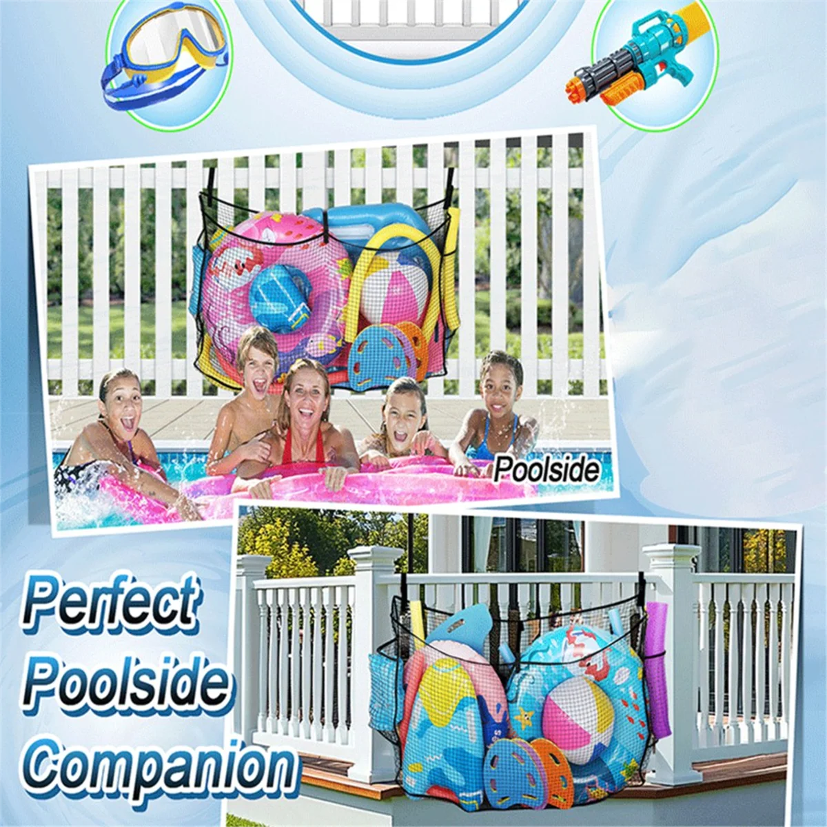 NEW Large Pool Float Toy Storage Net DurableMesh Net Organizer for Fence with Straps, Poolside Fence Toys Holder