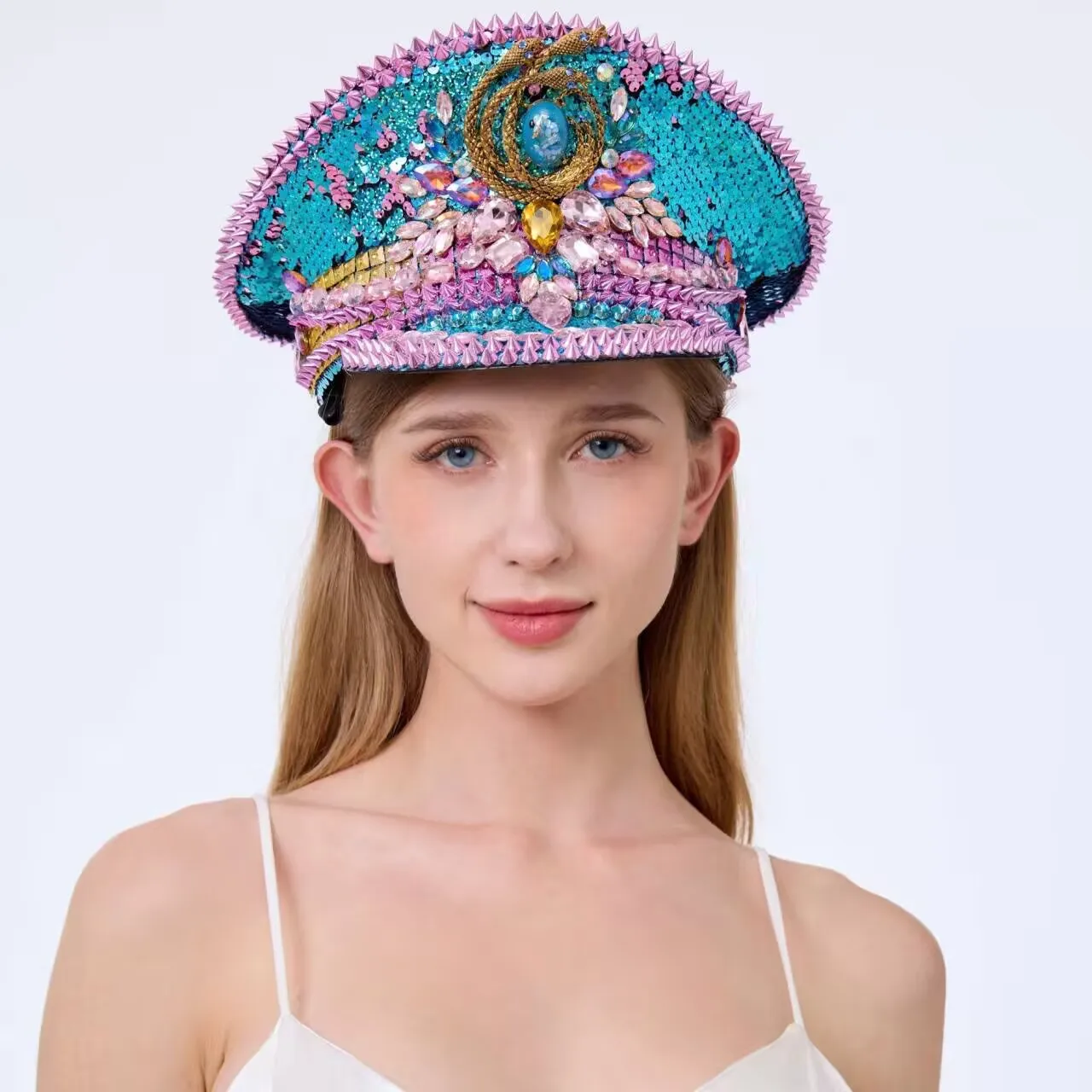 

HongLuan Steampunk Captain Hat Rhinestone for Burningman Festival Woman, Vintage Military Assessories & Military Cap for Man