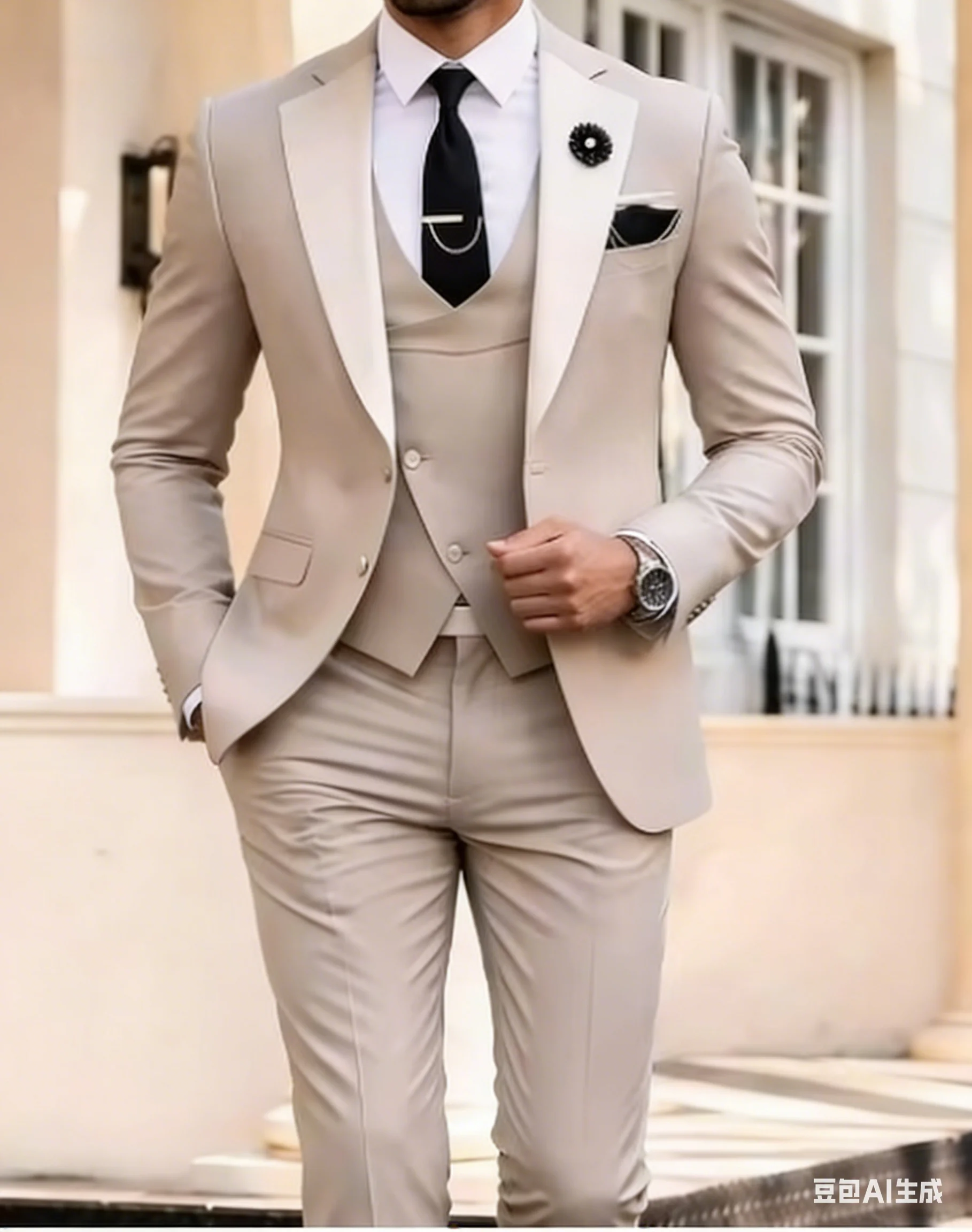 

Ivory Collar Beige Men Suit Wedding Party Formal Groom Groomsman Prom Business Male Tuxedos 3 Piece Set Jacket Vest Pants