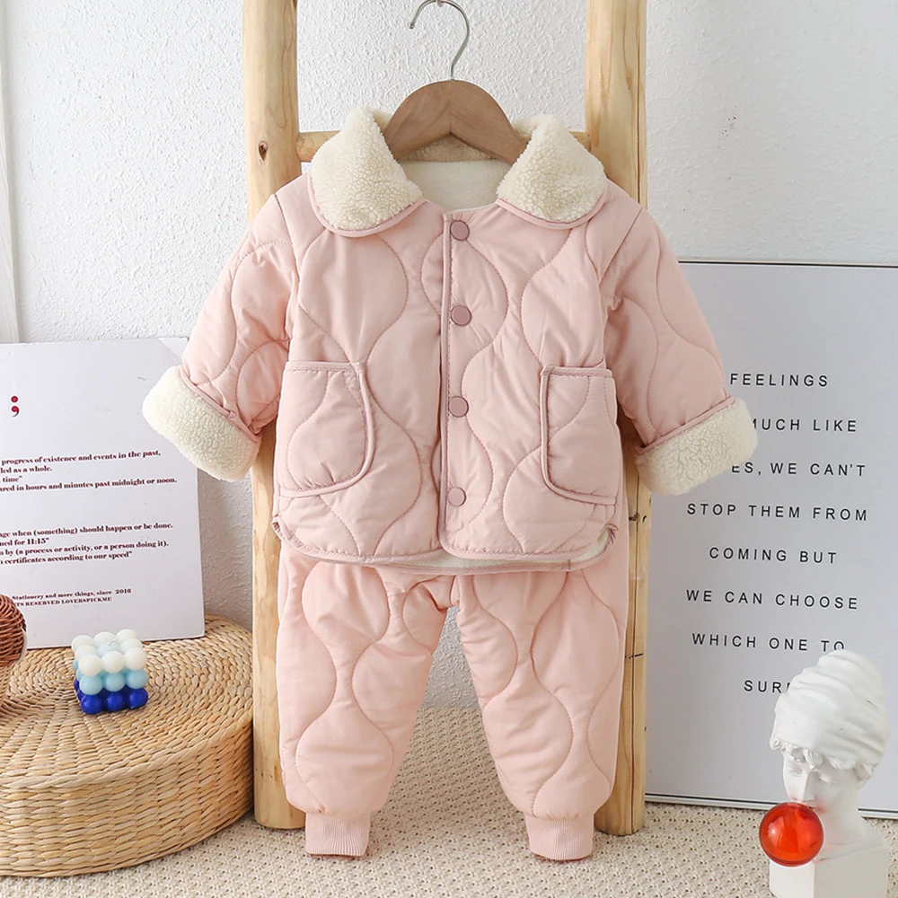 Winter Kids Cotton Padded Coats Thick Warm Children Clothes Sets Kids Velvet Single-breasted Quilted Jackets+Pants 2Pcs Suits