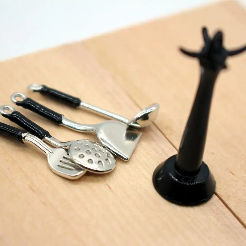 Juego de 5 unidades de utensilios de cocina en miniatura para casa de muñecas, cuchara colgante, espátula, cuchara para sopa, colador, modelo, accesorios de aleación de cocina para casa de muñecas